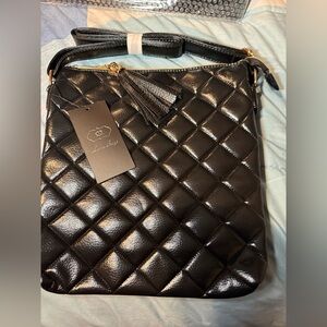 New Large Luna Black Quilted Crossbody Bag Gold Hardware  & Tassel